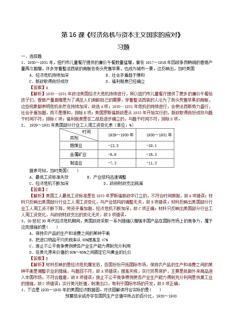 第16课 经济危机与资本主义国家的应对（解析版）第1页