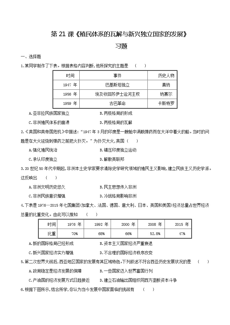 第21课 殖民体系的瓦解与新兴独立国家的发展（练习）-【中职专用】《世界历史》同步精品课堂（高教版2023•基础模块）01