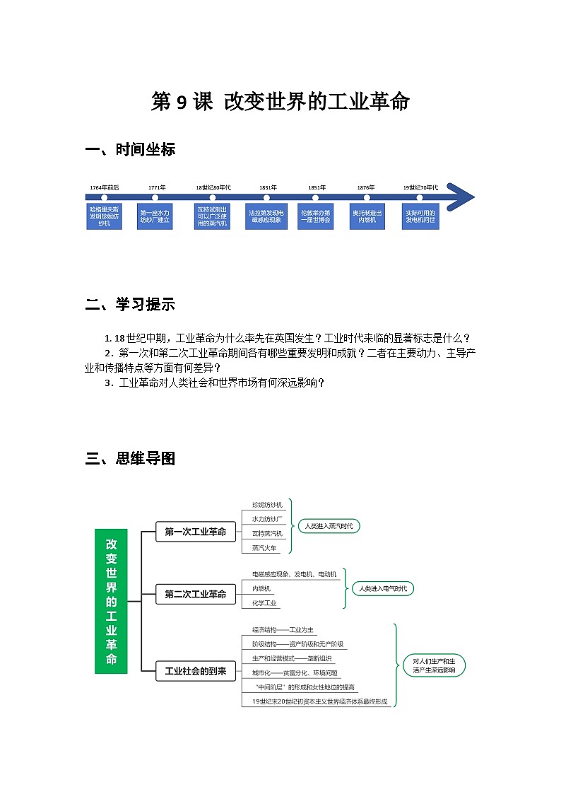 第9课+改变世界的工业革命+导学案--2023-2024学年中职高一下学期高教版（2023）世界历史全一册第1页