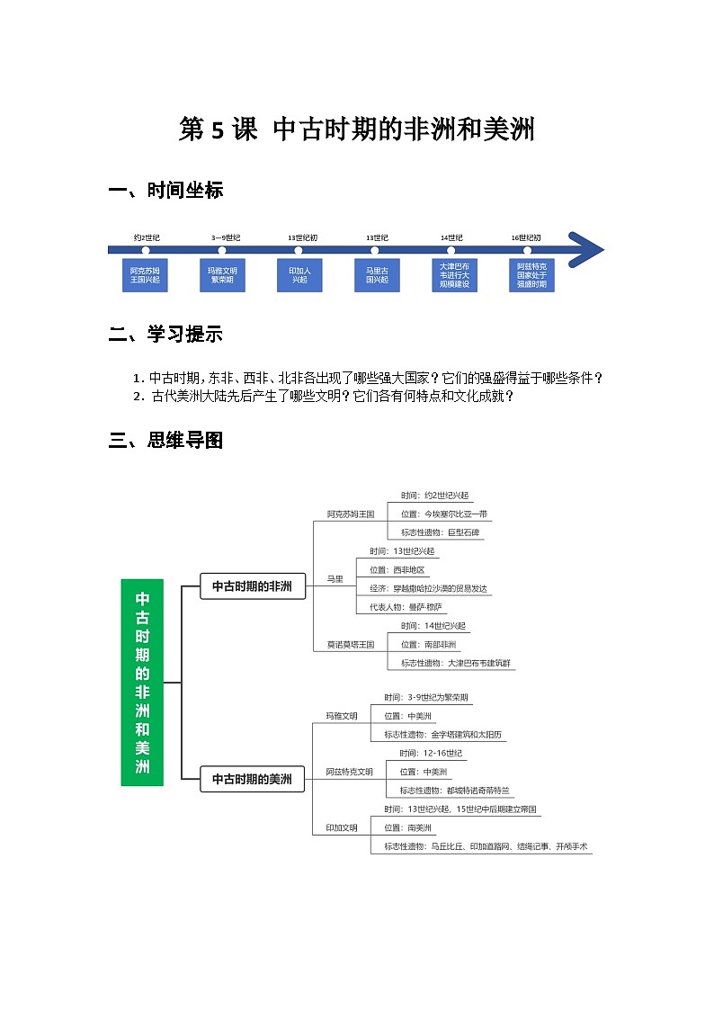 第5课+中古时期的非洲和美洲+导学案--2023-2024学年中职高一下学期高教版（2023）世界历史全一册01