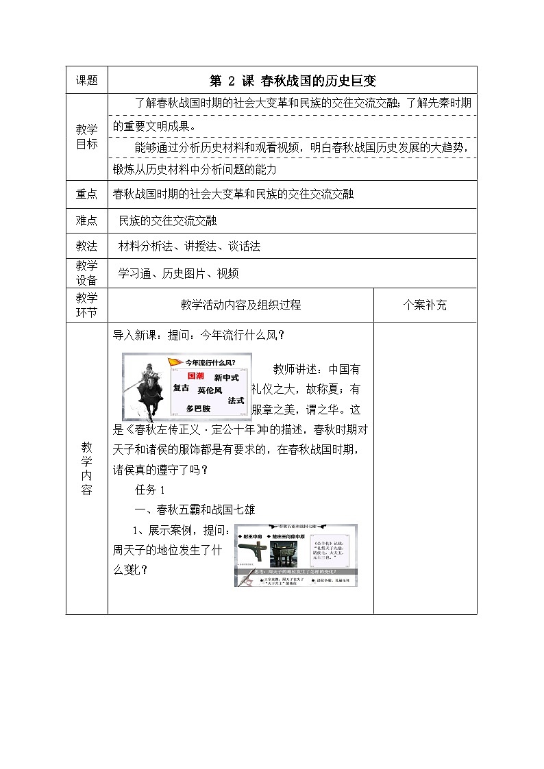 第2课+春秋战国的历史巨变+教案--2023-2024学年中职高一上学期高教版（2023）中国历史全一册01