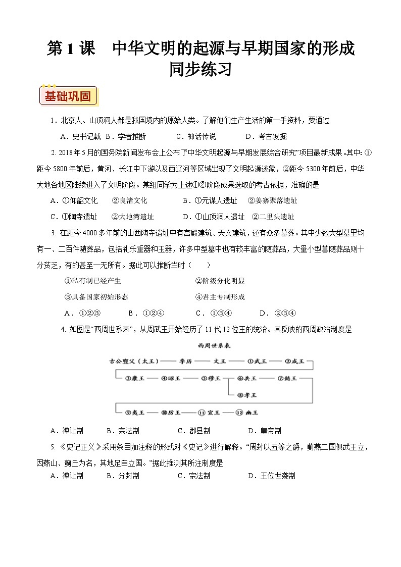 第1课 中华文明的起源与早期国家的形成【同步练习】（原卷版）01