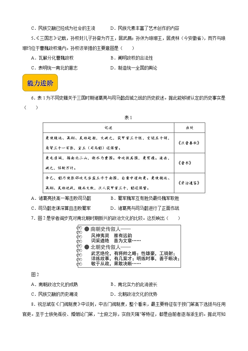第6课 三国两晋南北朝政权更迭与民族交融 【同步练习】（原卷版）02