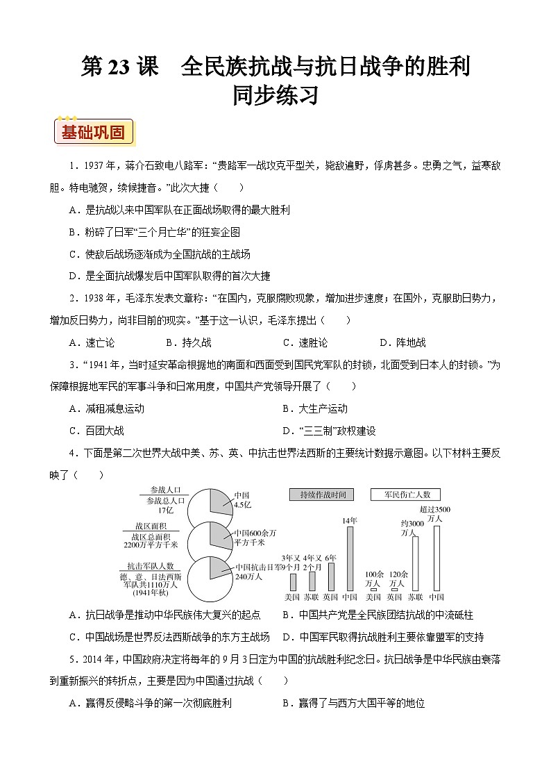 第23课 全民族抗战与抗日战争的胜利【同步练习】（原卷版）01