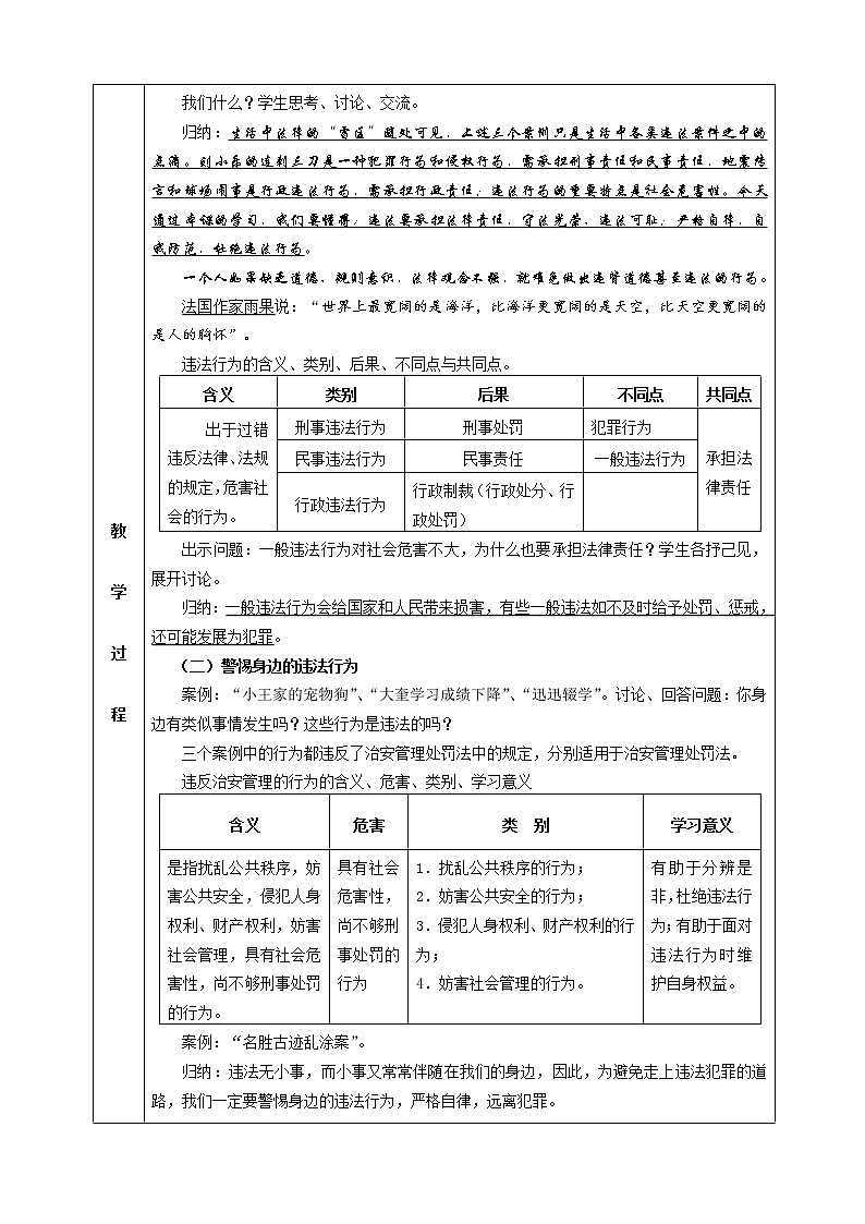 第九课 预防一般违法行为 教案（表格式，2课时）02