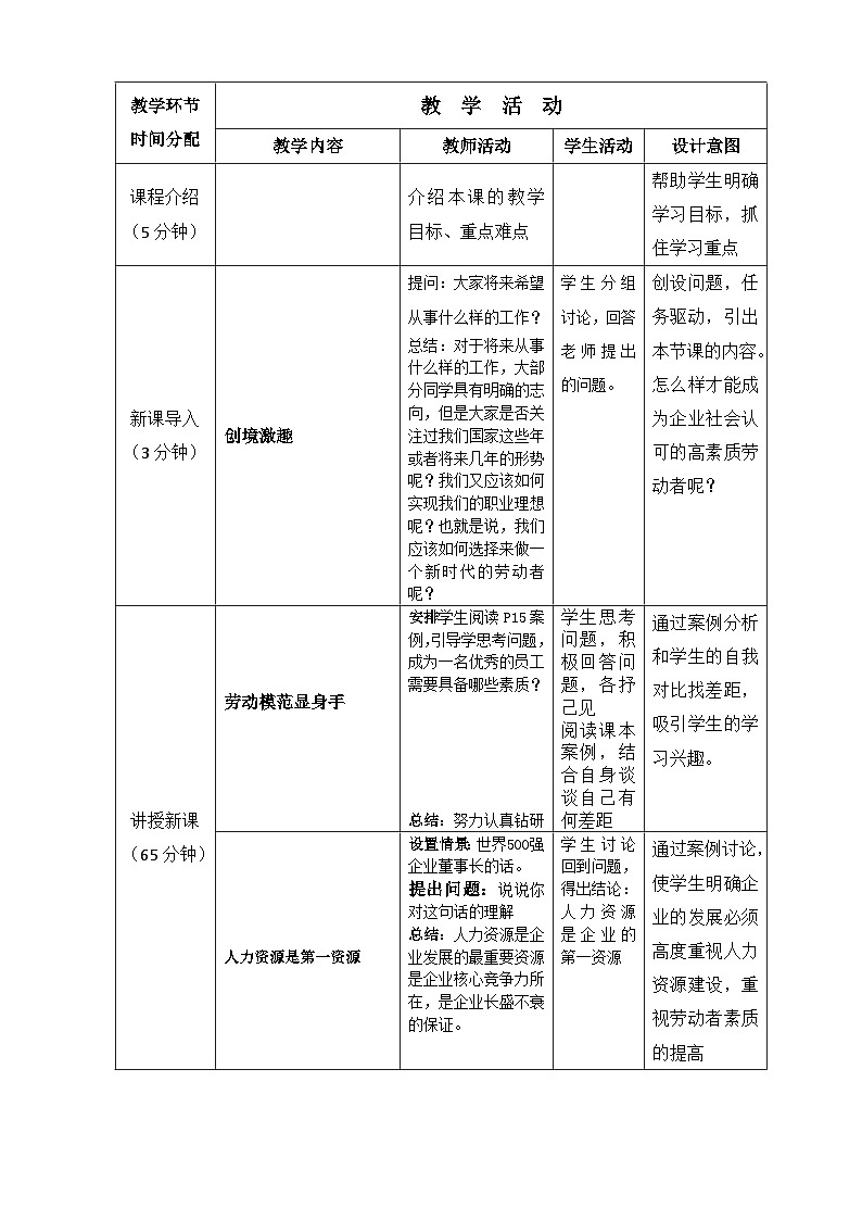 2.2企业中的劳动者 教案-2022-2023学年中职北师大版经济政治与社会02