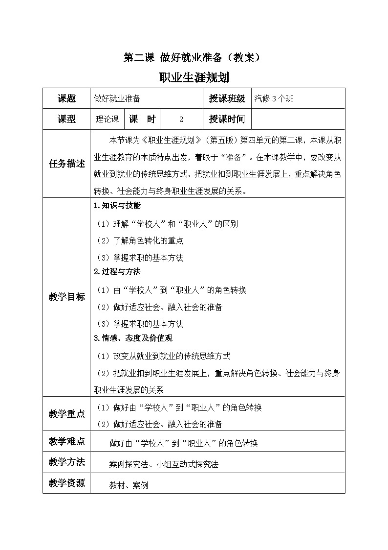 【中职专用】高中思想政治  （高教版·第五版）《职业生涯规划》 第二课+做好就业准备（教案）01
