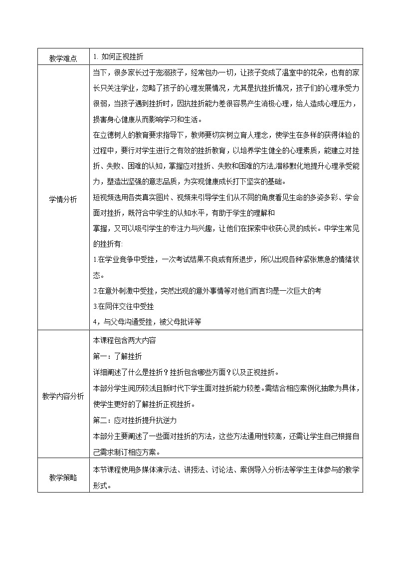 【2023部编高教版】中职思想政治 心理健康与职业生涯 第四课 直面挫折 积极应对 教案02