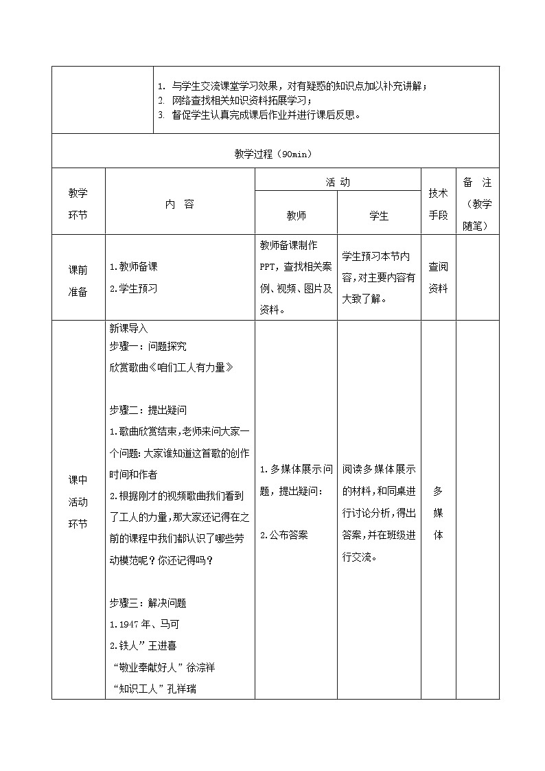 【2023部编高教版】中职思想政治 职业道德与法治 第五课 弘扬劳动精神、劳模精神、工匠精神 教案03