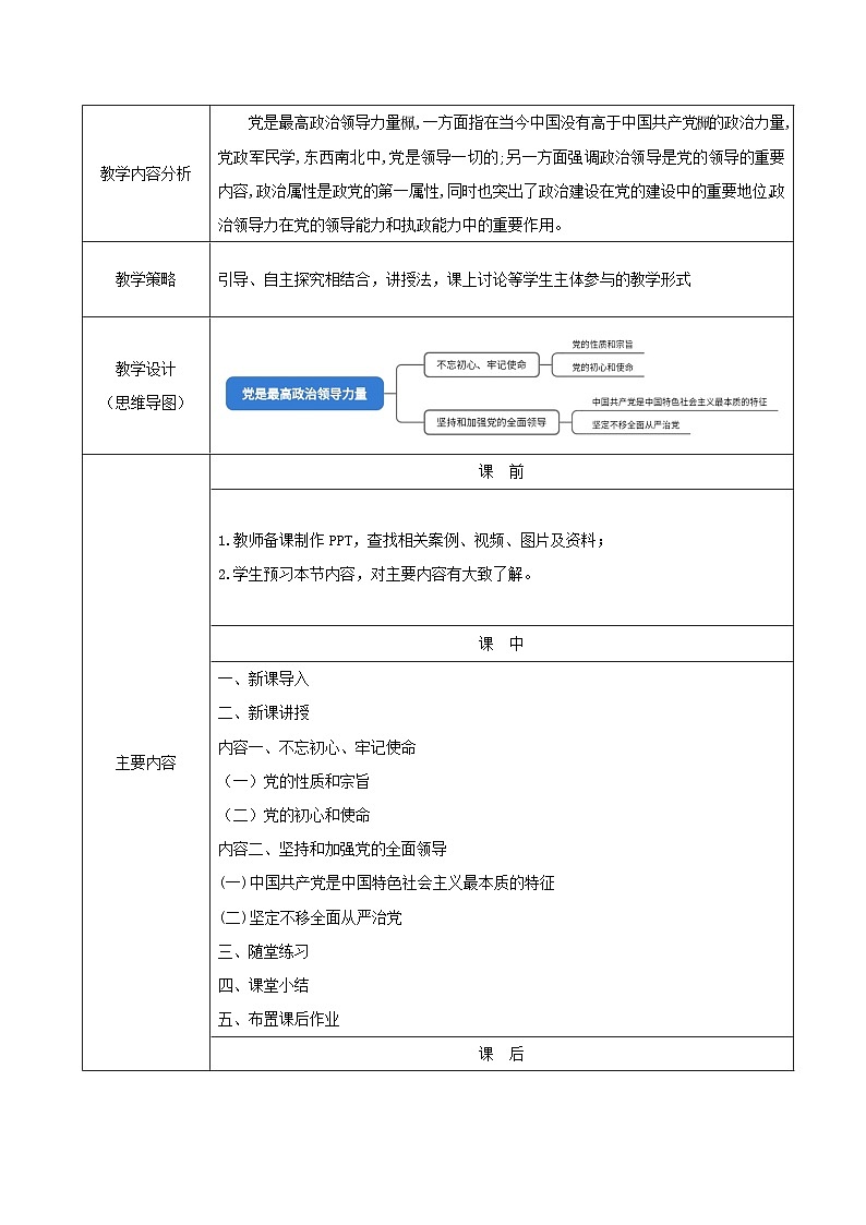 部编高教版2023 中职政治 中国特色社会主义第7课 《党是最高政治领导力量》 教案02