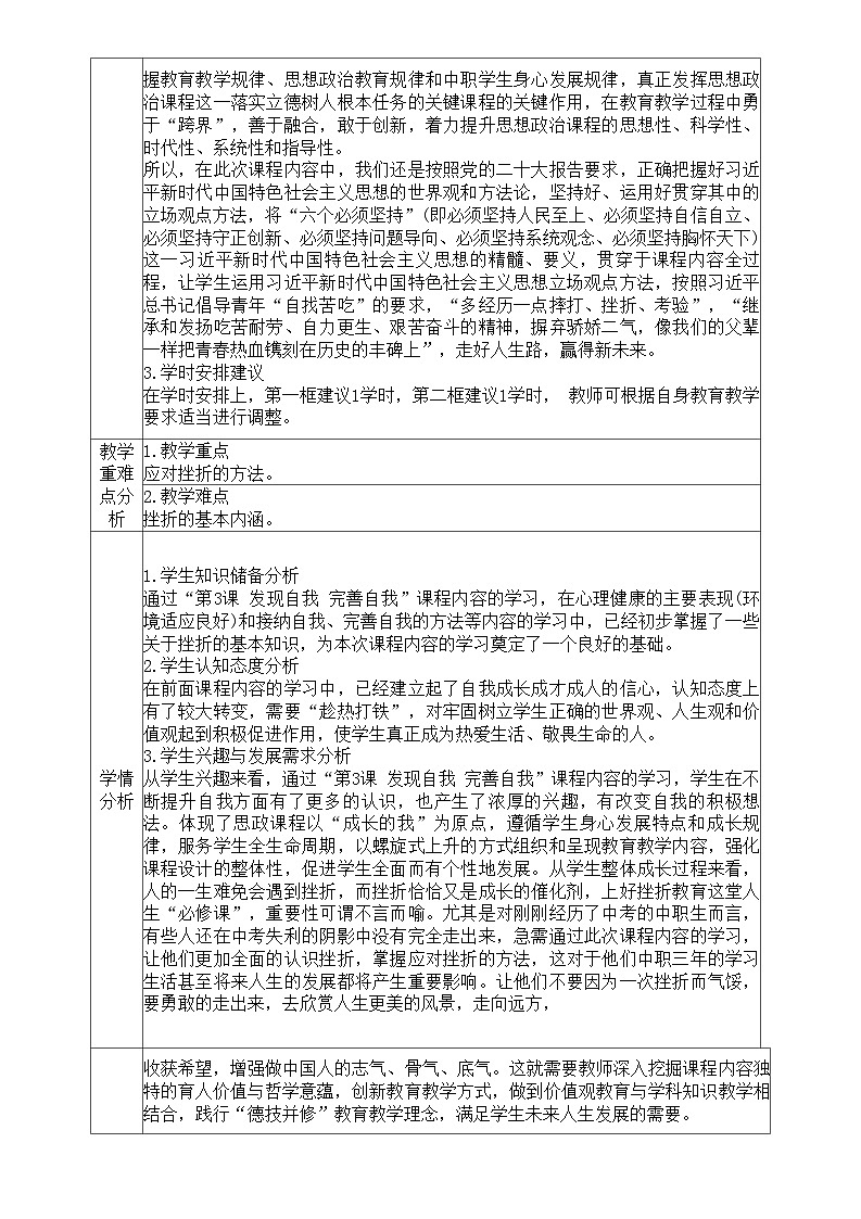 第4课 直面挫折 积极应对（教学设计）-【中职专用】中职思想政治《心理健康与职业生涯》同步教学精品教学设计（高教版2023·基础模块）02