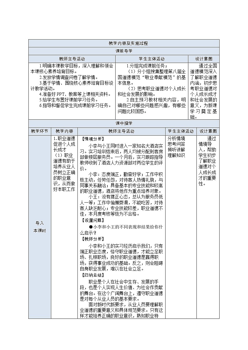 部编高教版2023 中职职业道德与法治第3课第2课时《职业道德是职业成功的必要保证》教案02