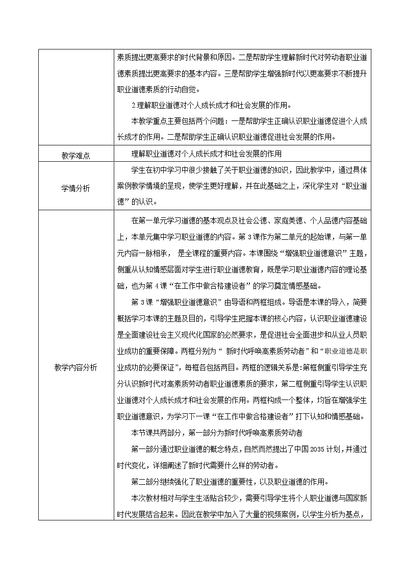 中职 职业道德与法治 第3课《增强职业道德意识》教案02