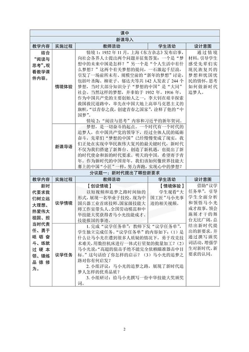 部编高教版 中职思想政治 心理健康与职业生涯规划 第1课第2课时《做新时代追梦人》教案02