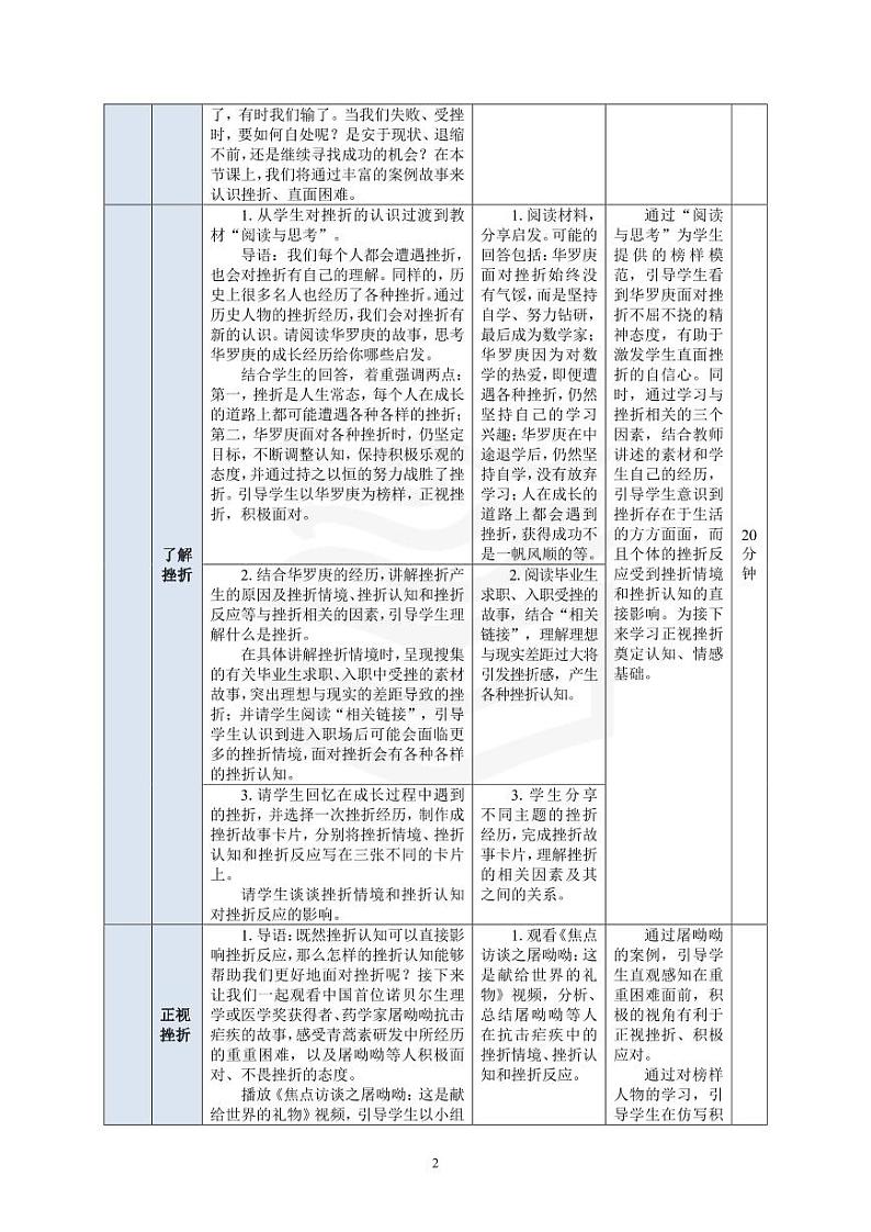 部编高教版 中职思想政治 心理健康与职业生涯规划 第4课第1课时《认识挫折，直面困难》教案02