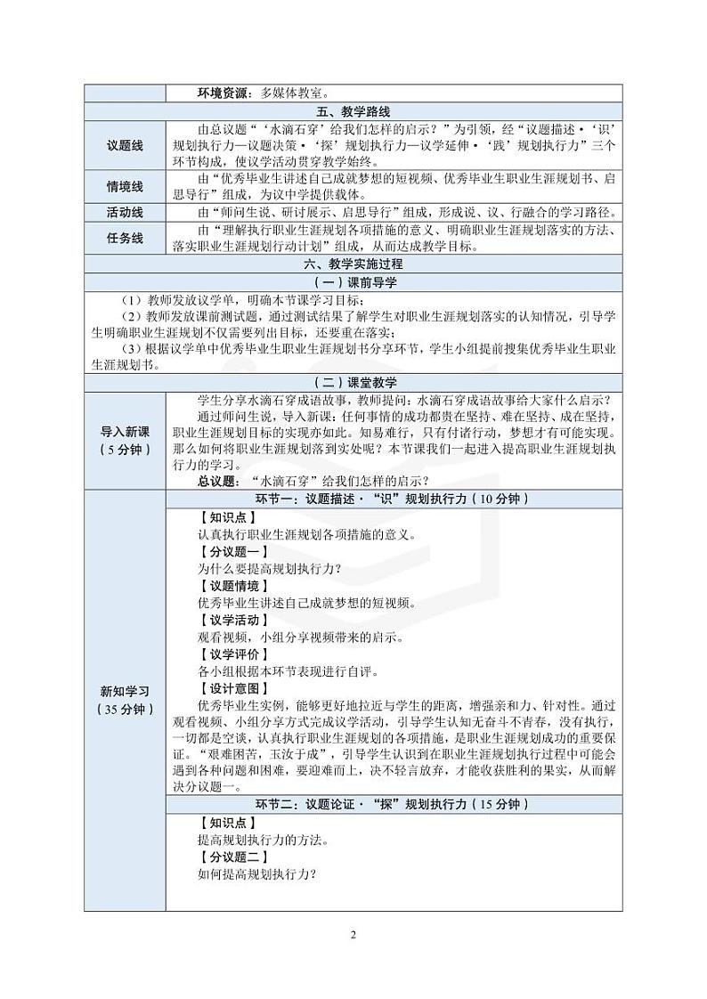 部编高教版 中职思想政治 心理健康与职业生涯规划 第14课第1课时《提高规划执行力》教案02