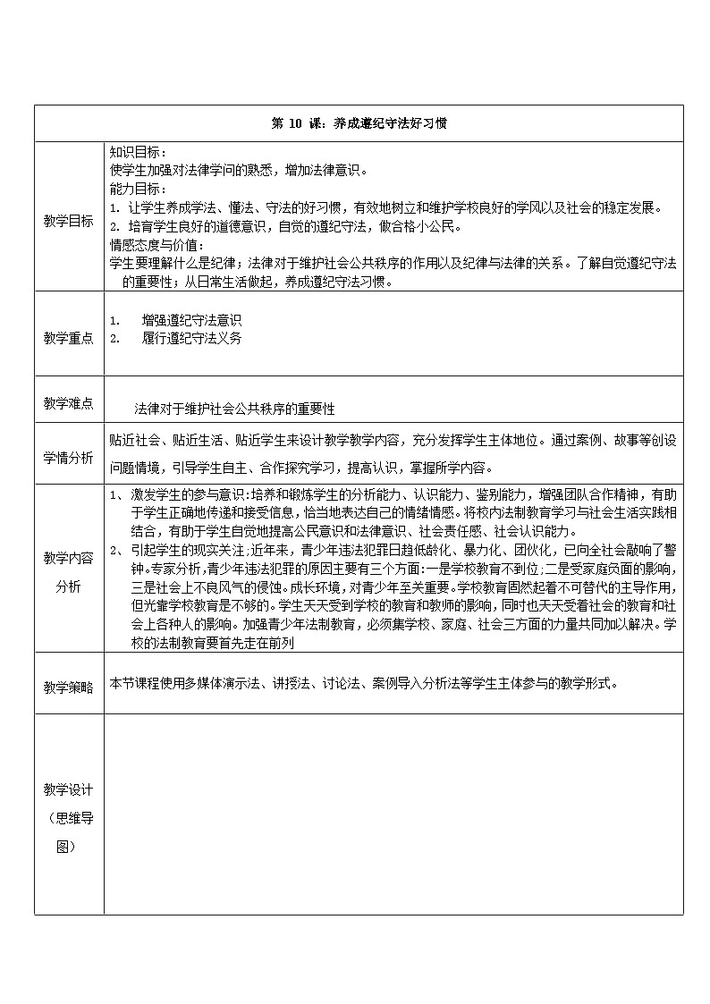 第10课+养成遵纪守法好习惯+教案-2023-2024学年中职高教版（2023）职业道德与法治01