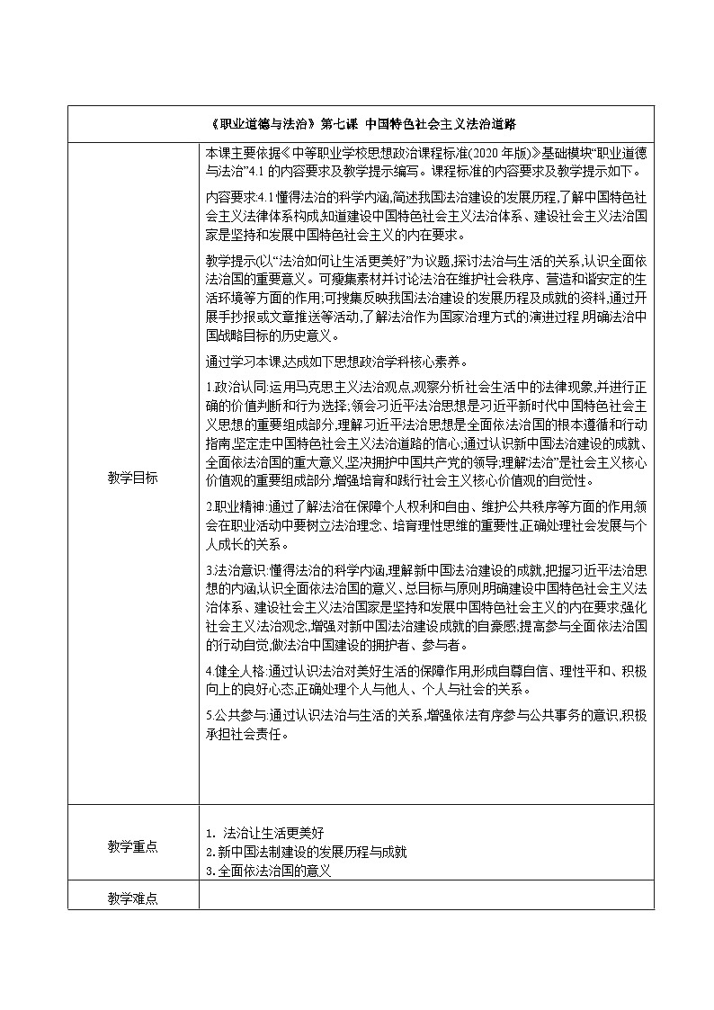 《职业道德与法治》第七课 中国特色社会主义法冶道路教案01