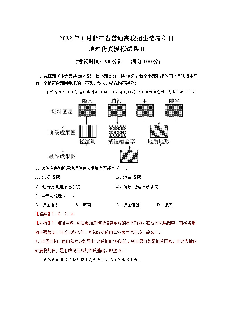 浙江省2022年1月普通高校招生选考科目考试仿真模拟地理试题B含解析第1页