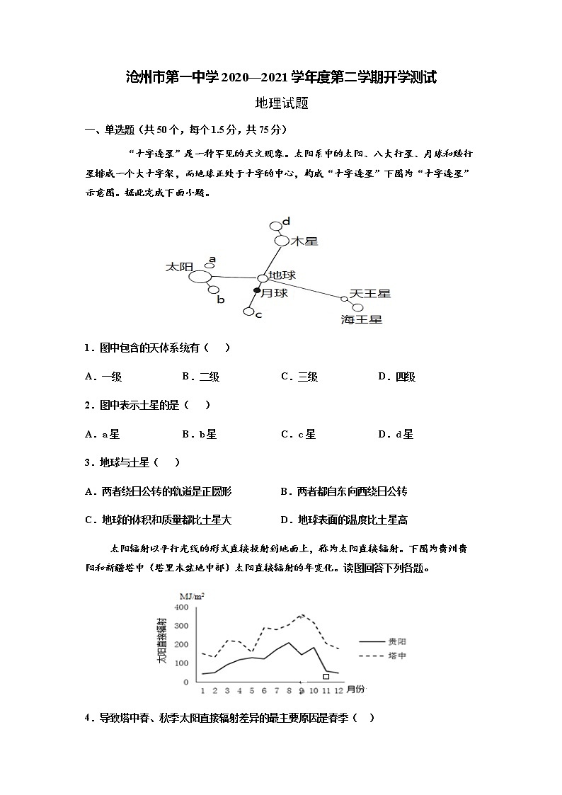 2021沧州一中高一下学期开学考试地理试题含答案01