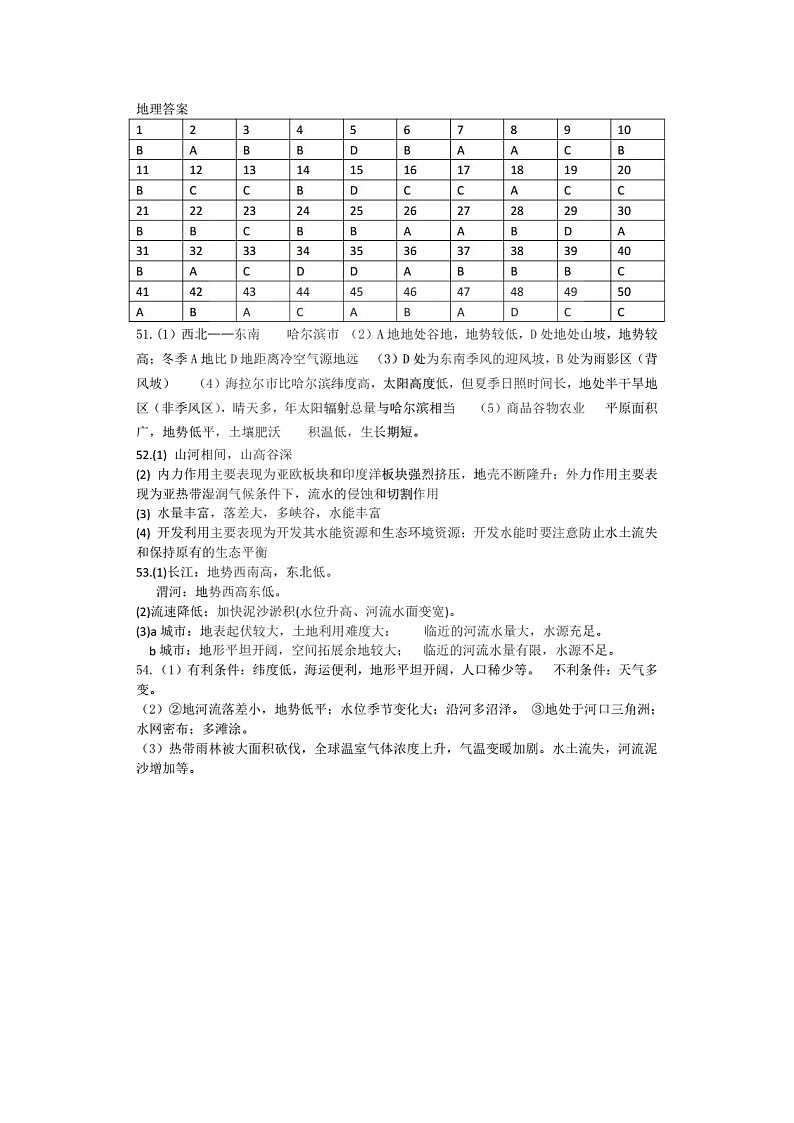 黑龙江省哈尔滨市师大附中2020-2021高三（上）开学考试地理答案第1页