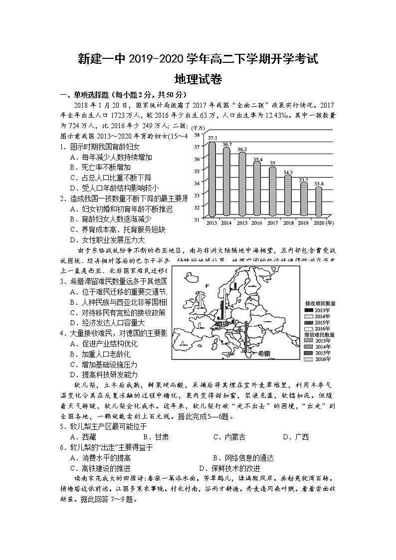 2020南昌新建一中高二下学期开学考试地理试题含答案第1页