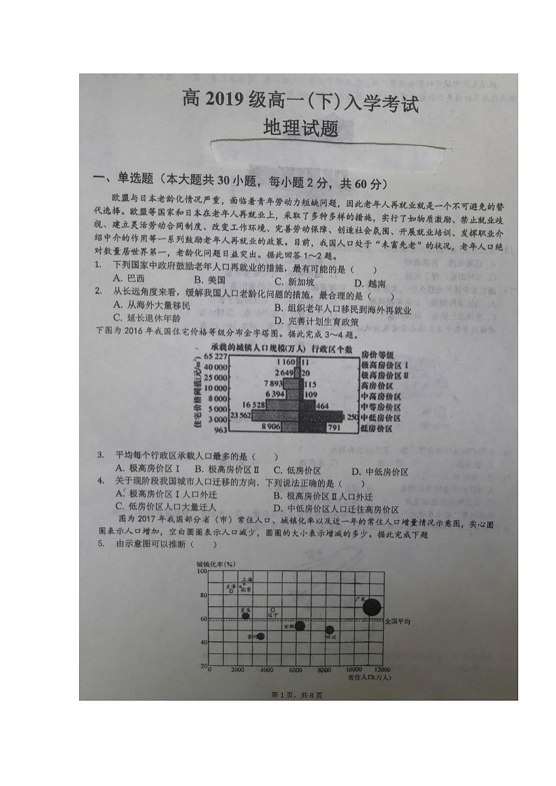 2020四川省双流中学高一下学期开学考试地理试题扫描版含答案第1页