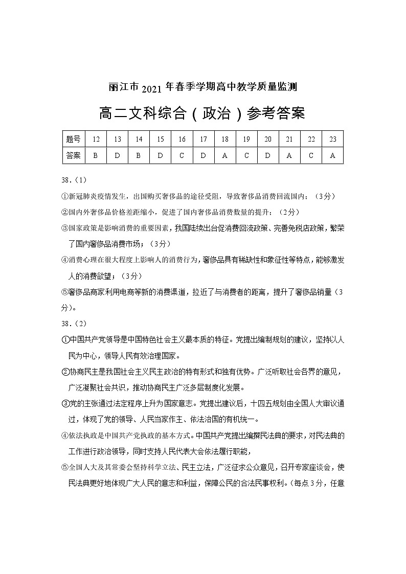 高二文综（政治）答案第1页