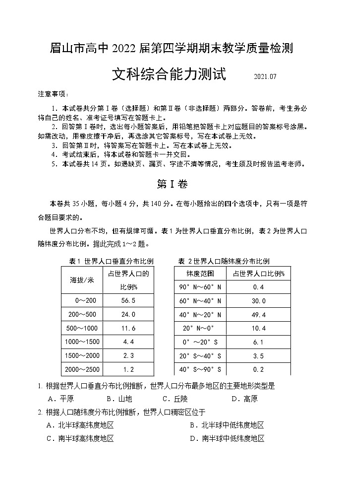 四川省眉山市2020-2021学年高二下学期期末教学质量检测文科综合试题第1页