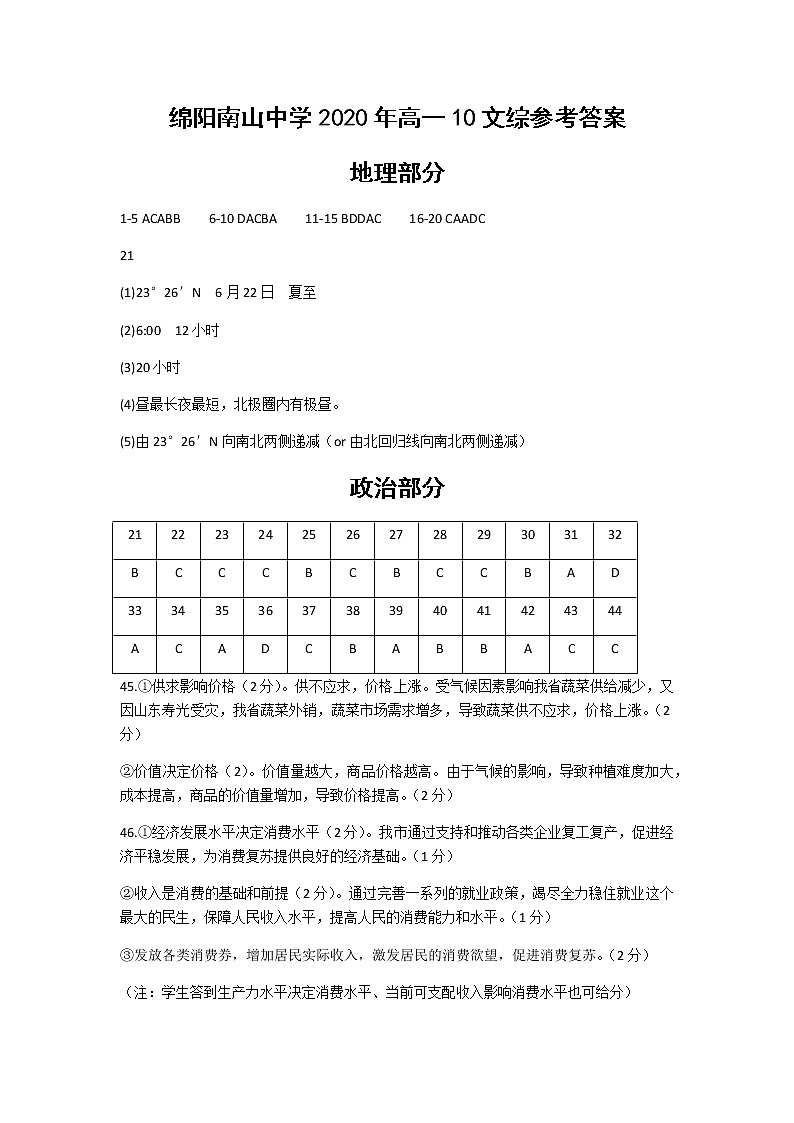 绵阳南山中学2020年高一10文综参考答案第1页