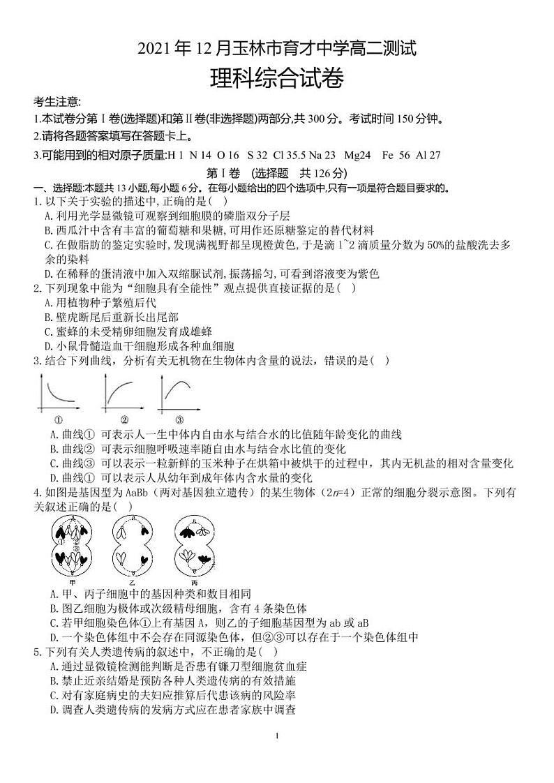 广西玉林市育才中学2021-2022学年高二12月月考试题理科综合PDF版无答案第1页