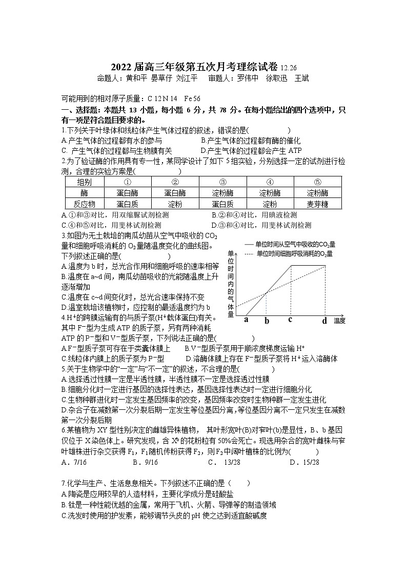 江西省宜春市上高二中2022届高三上学期第五次月考试题理科综合含答案01