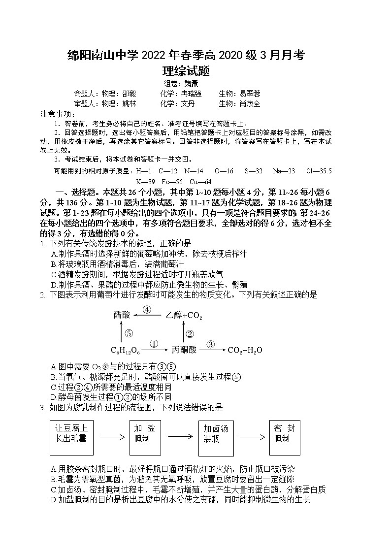 2022绵阳南山中学高二下学期3月月考试题理综含答案01
