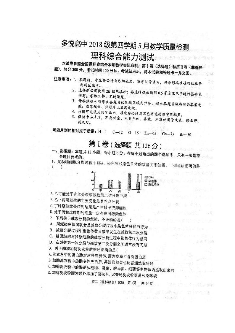 四川省眉山市东坡区多悦高中2019-2020学年高二5月月考（期中）理科综合试题 PDF版含答案第1页