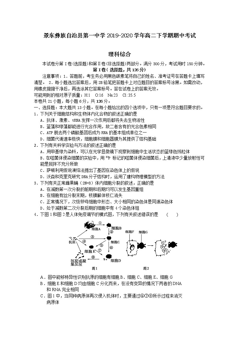 2020普洱景东彝族自治县一中高二下学期期中考理综试题含答案第1页