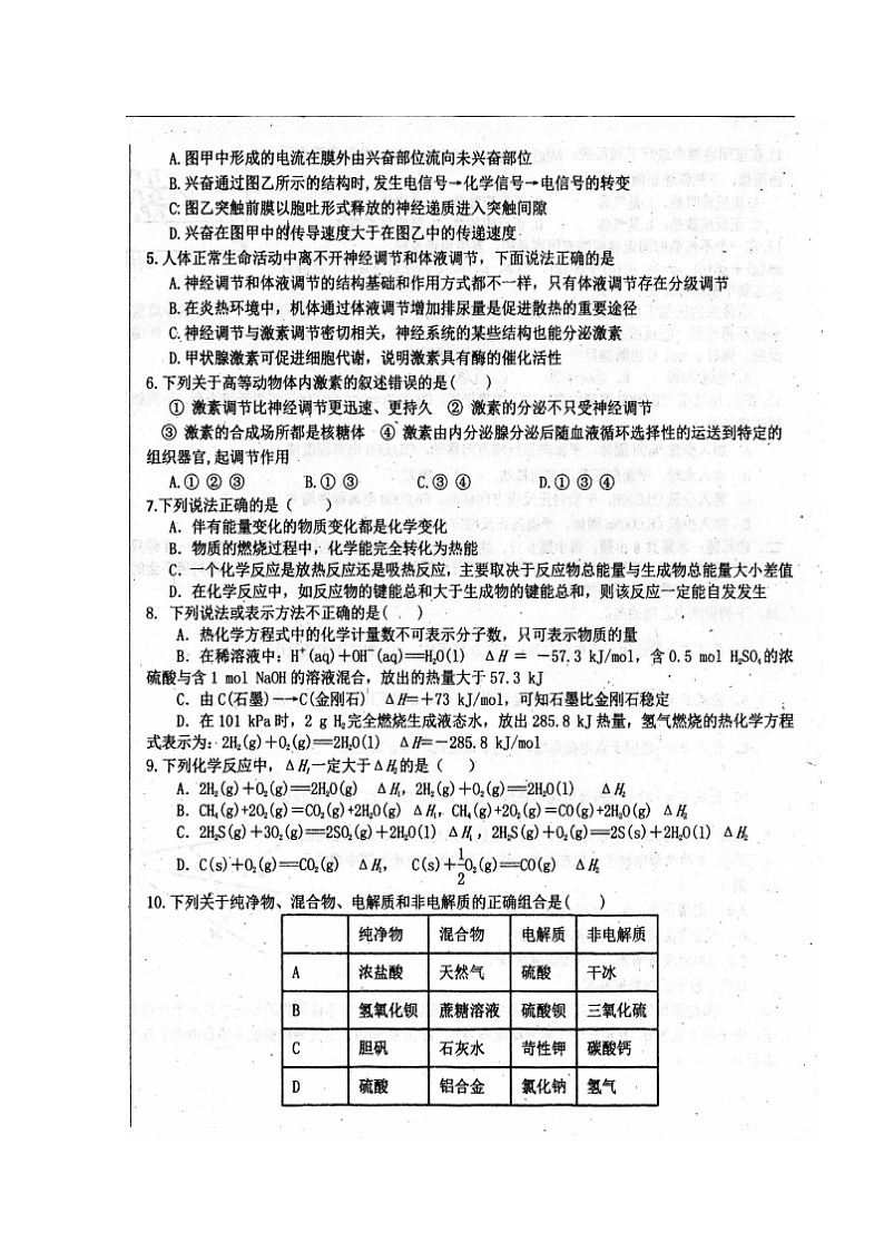 2020眉山车城中学高二上学期期中考试理科综合试题扫描版答案不全第2页
