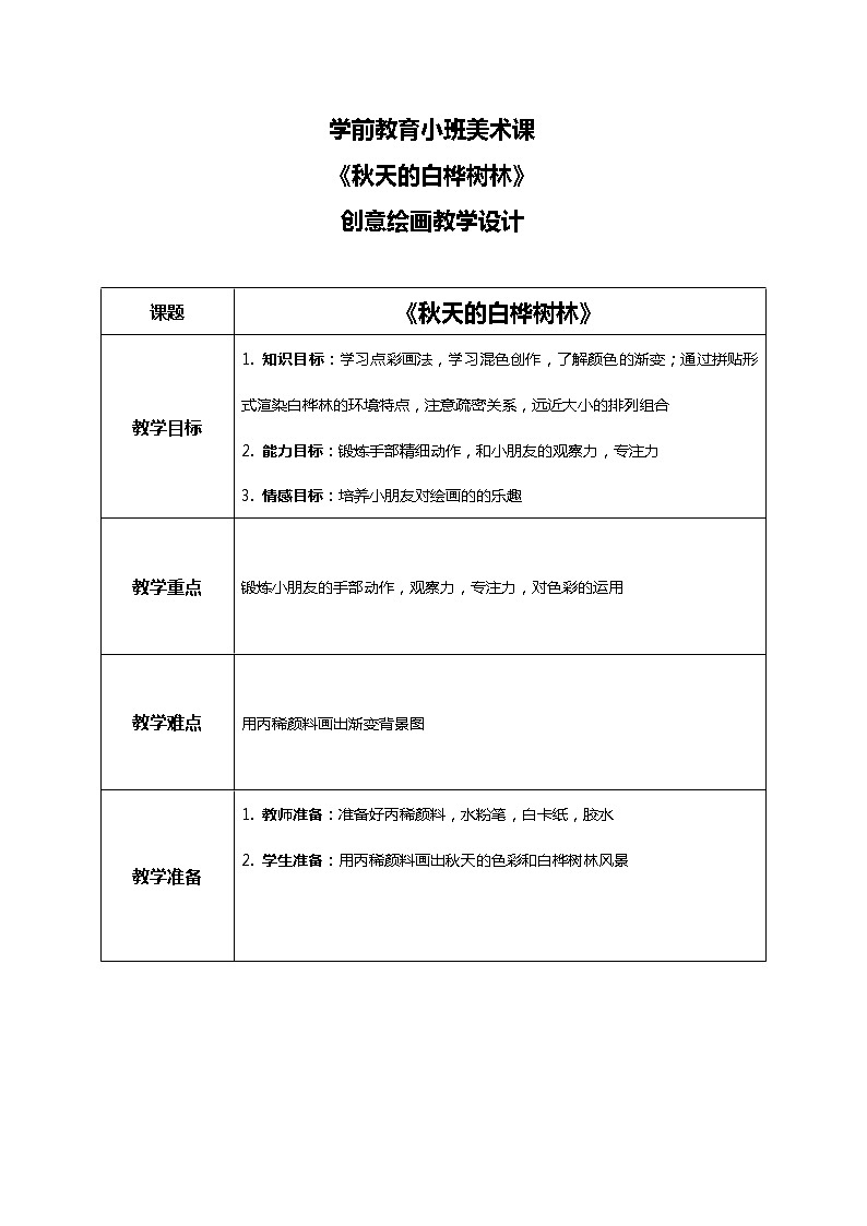 幼儿园小班美术课 第十课《秋天的白桦树林》课件+教案01