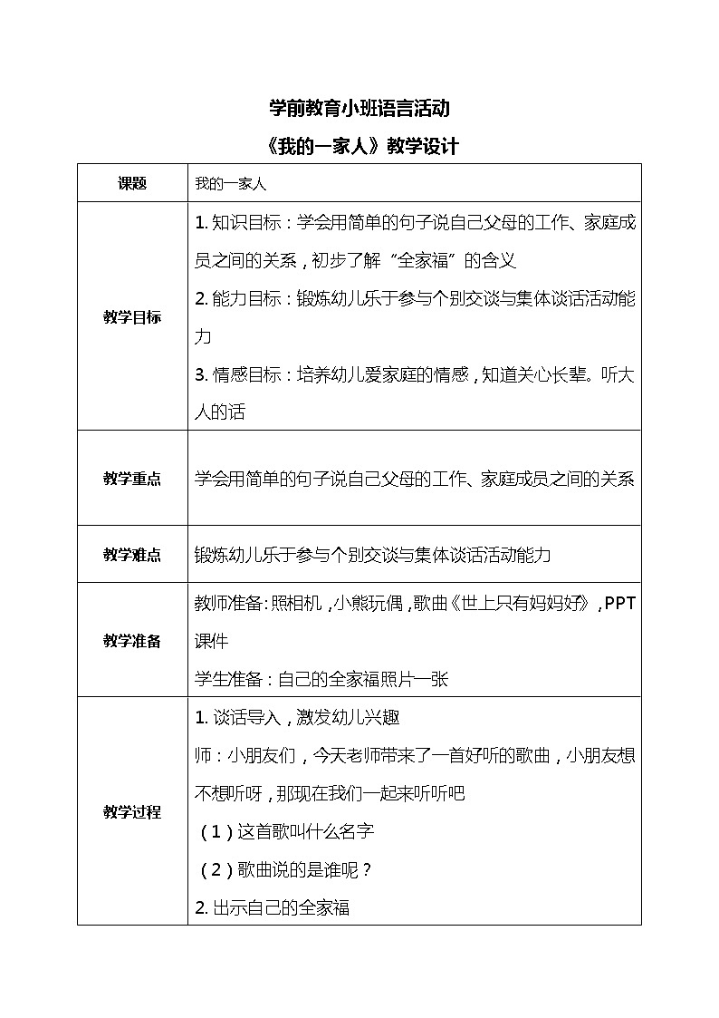 小班语言活动-我的一家人第1页