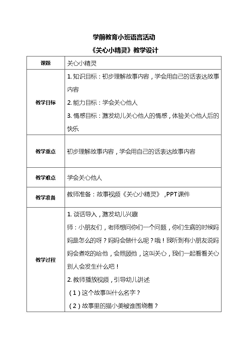 小班语言活动《关心小精灵》课件PPT＋教案01