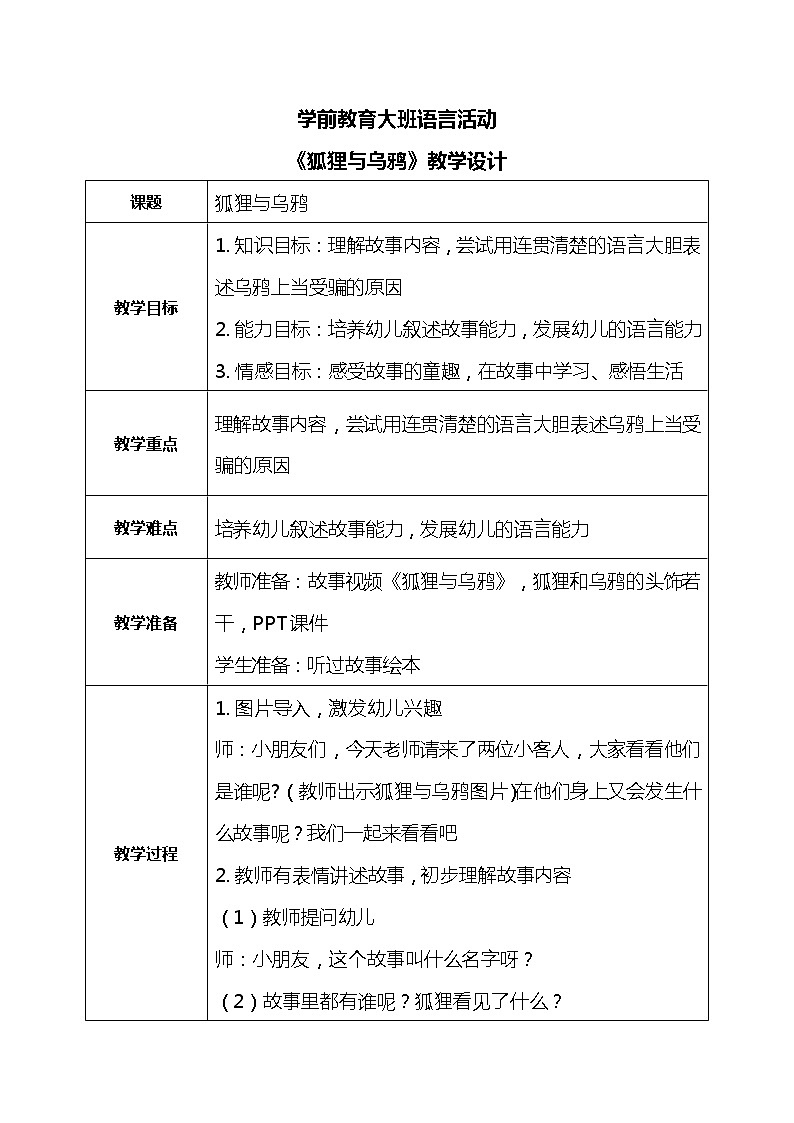 大班语言活动-狐狸与乌鸦第1页
