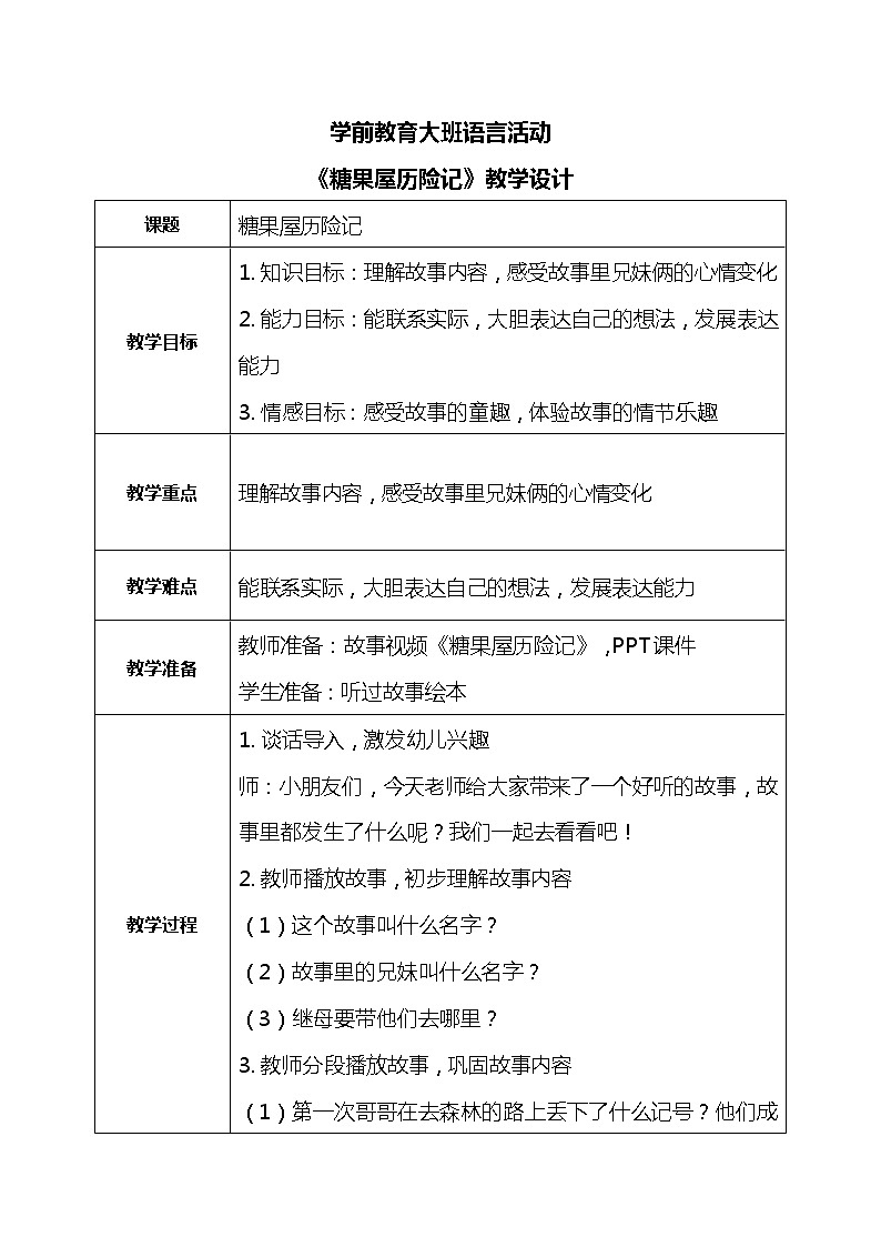 大班语言活动-糖果屋历险记 教案第1页