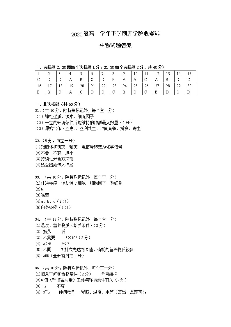 铁人中学2020级高二学年下学期开学考试生物——答案第1页