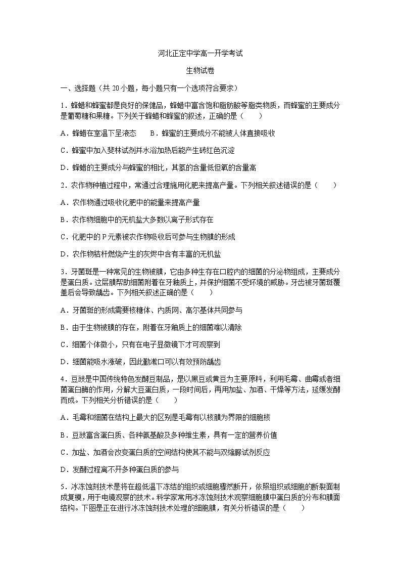 2021河北省正定中学高一下学期开学考试生物试题含答案第1页