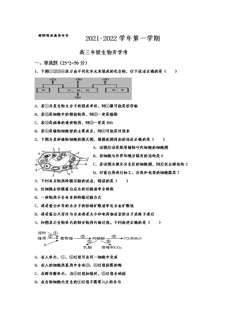 2022青铜峡高级中学高三上学期开学考试生物试题含答案第1页