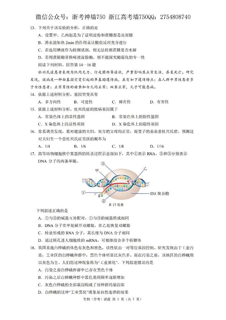 2021浙江省7月学考真题生物pdf版含答案第3页