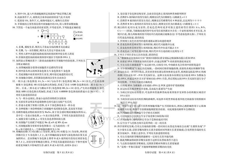 天一大联考安徽省卓越县中联盟2023届高三上学期开学考试生物试题PDF版无答案第2页