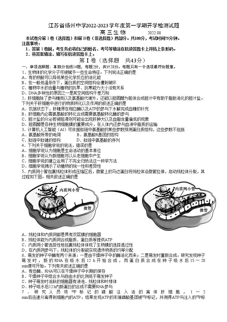 2023扬州中学高三上学期开学考试生物试题含答案01
