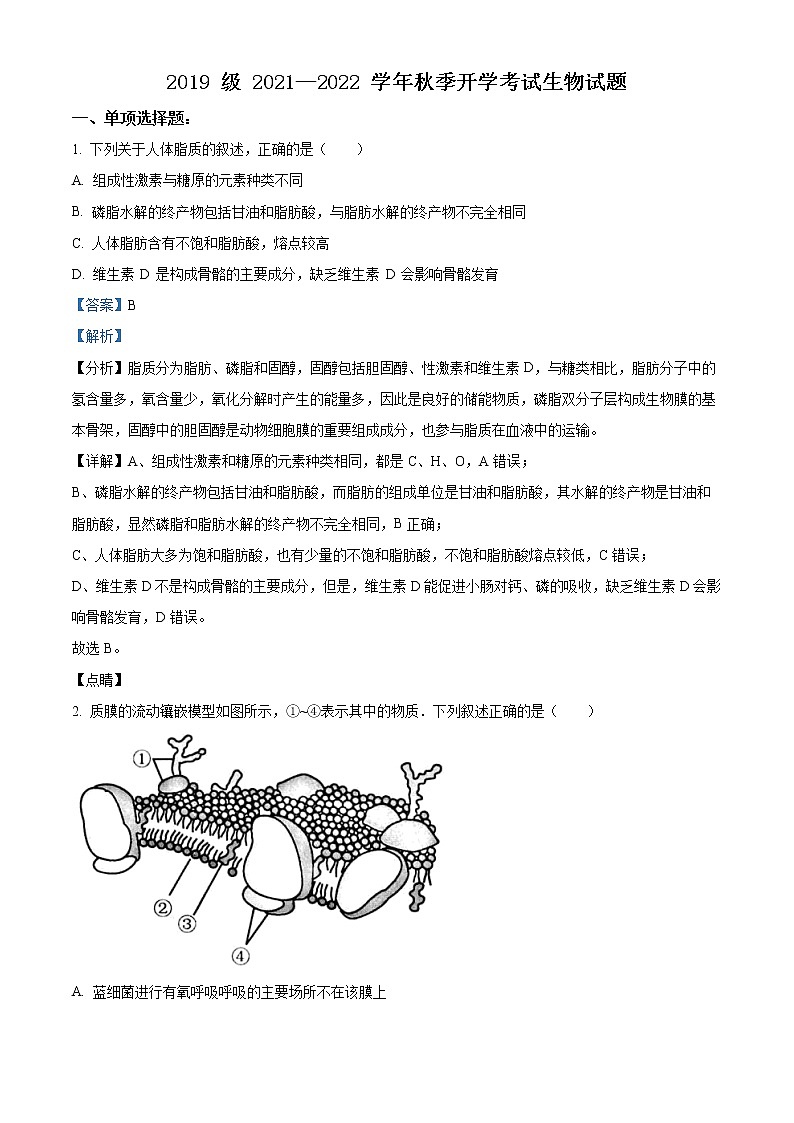 山东省济南市山师大附中2021-2022学年高三上学期开学考试生物试题（解析版）第1页