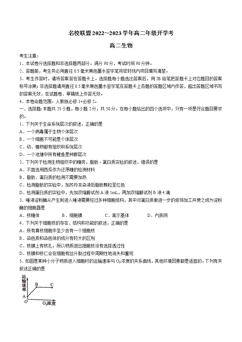 河南省名校联盟2022-2023学年高二上学期开学考试生物试题含答案第1页