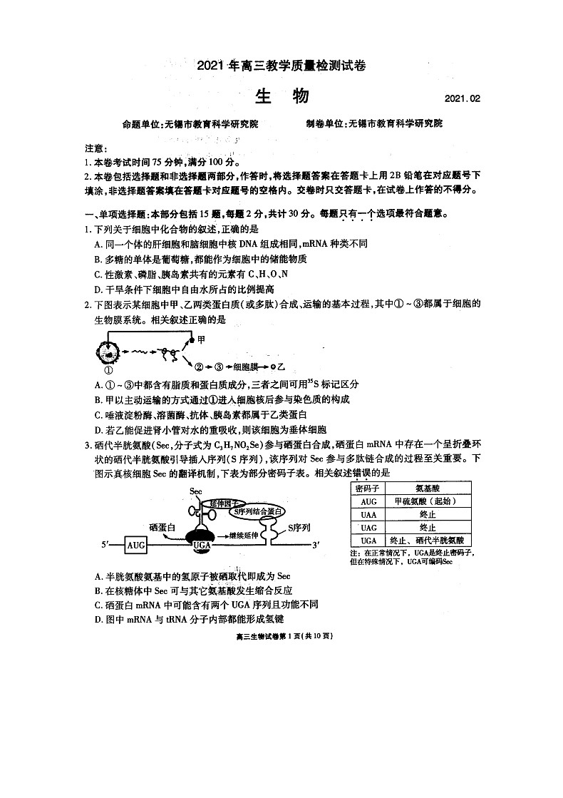 2021无锡高三下学期开学教学质量检测生物试题扫描版含答案第1页